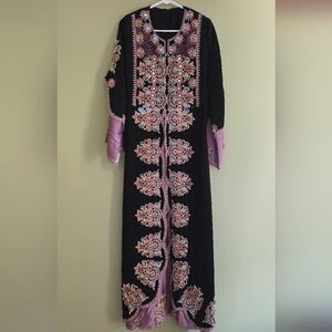 Black and Pink Embroidered Long Sleeve Dress